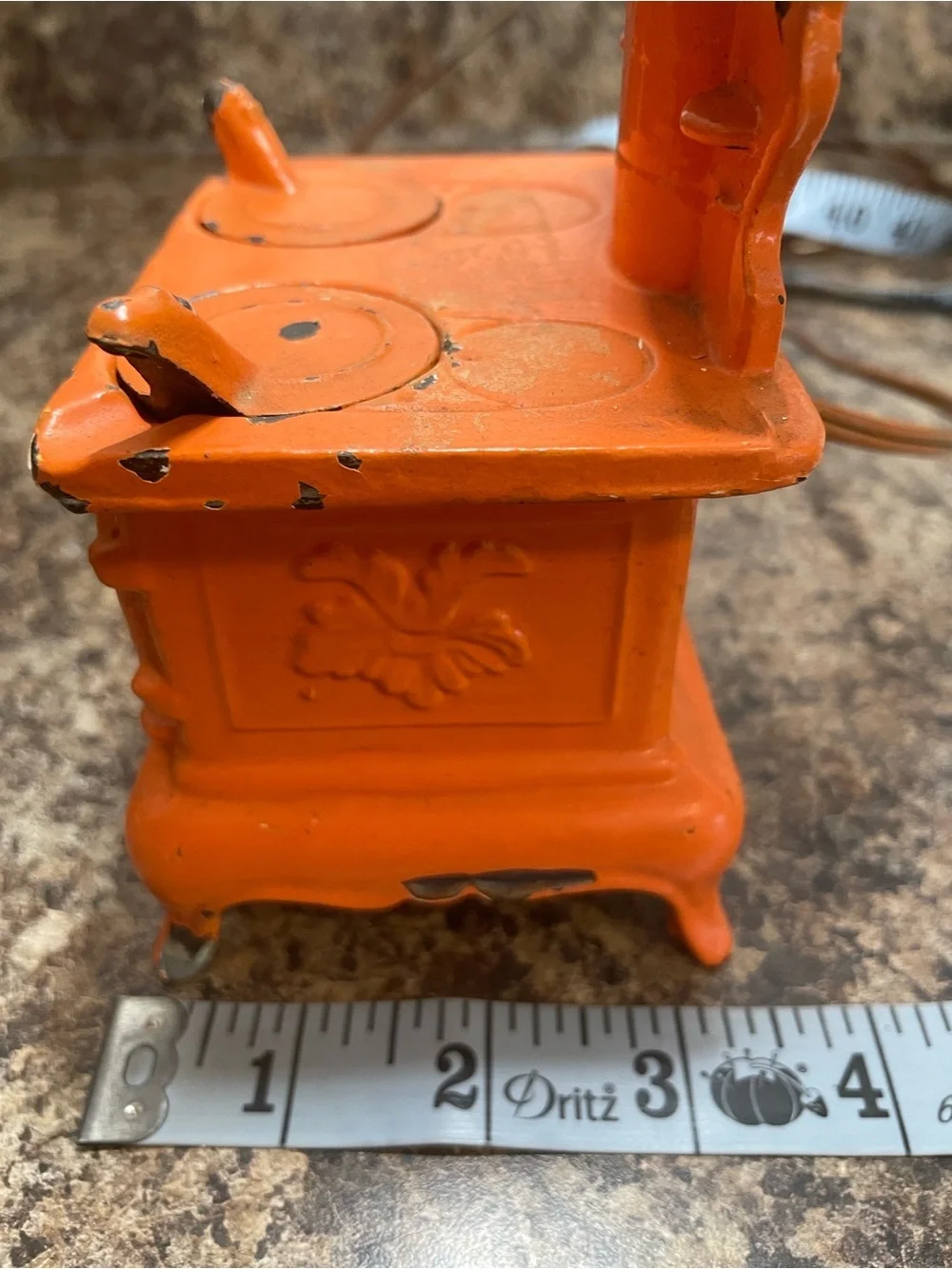 ACME Orange Mini Cast Iron Stove Lantern Vtg Salesmen Sample Floral Fabric Shade